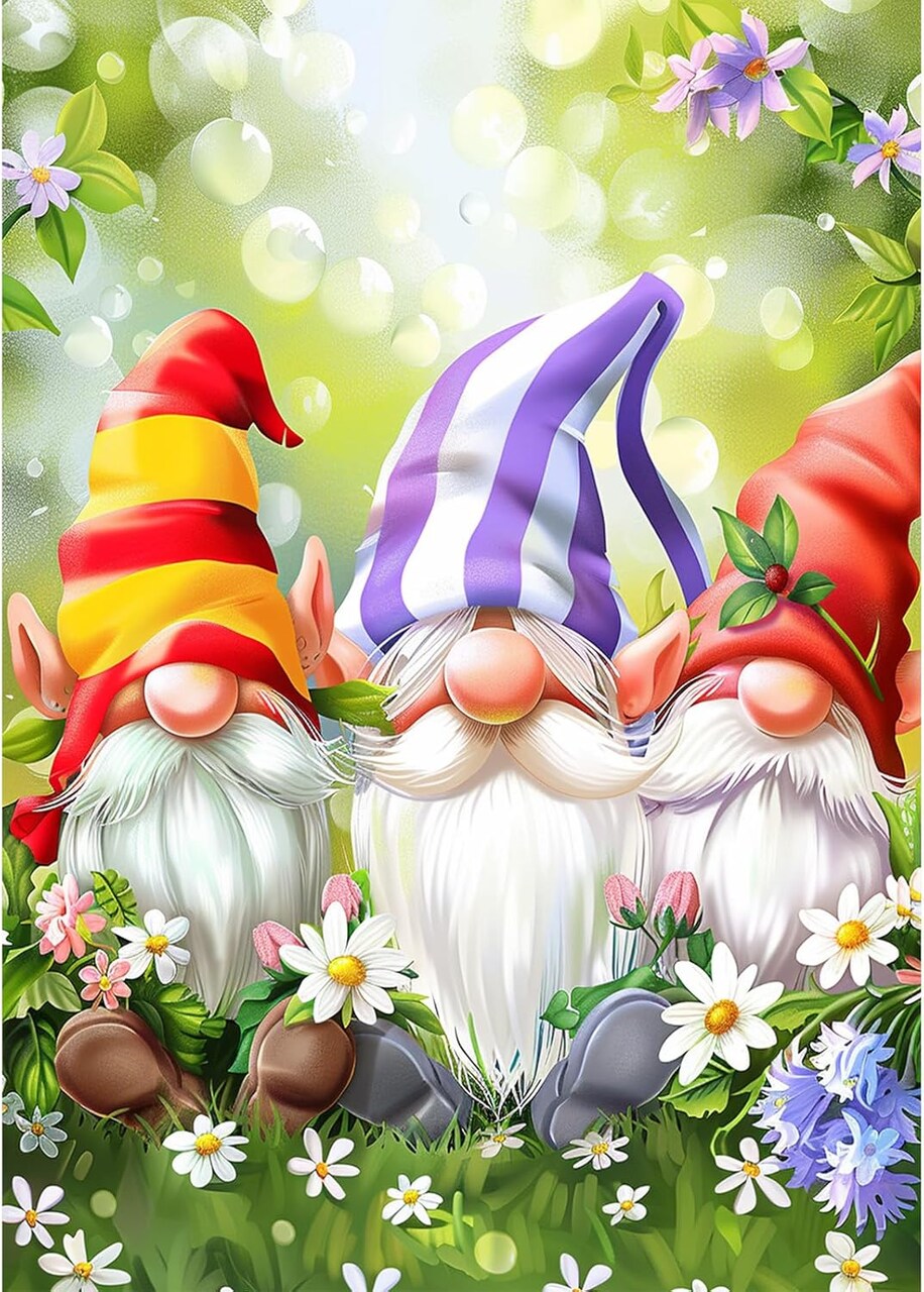 DIY 5D diamond painting kit for adults featuring gnomes and flowers—full drill design measuring 30×40 cm. Perfect for relaxation, creative fun, and as colorful home wall décor.